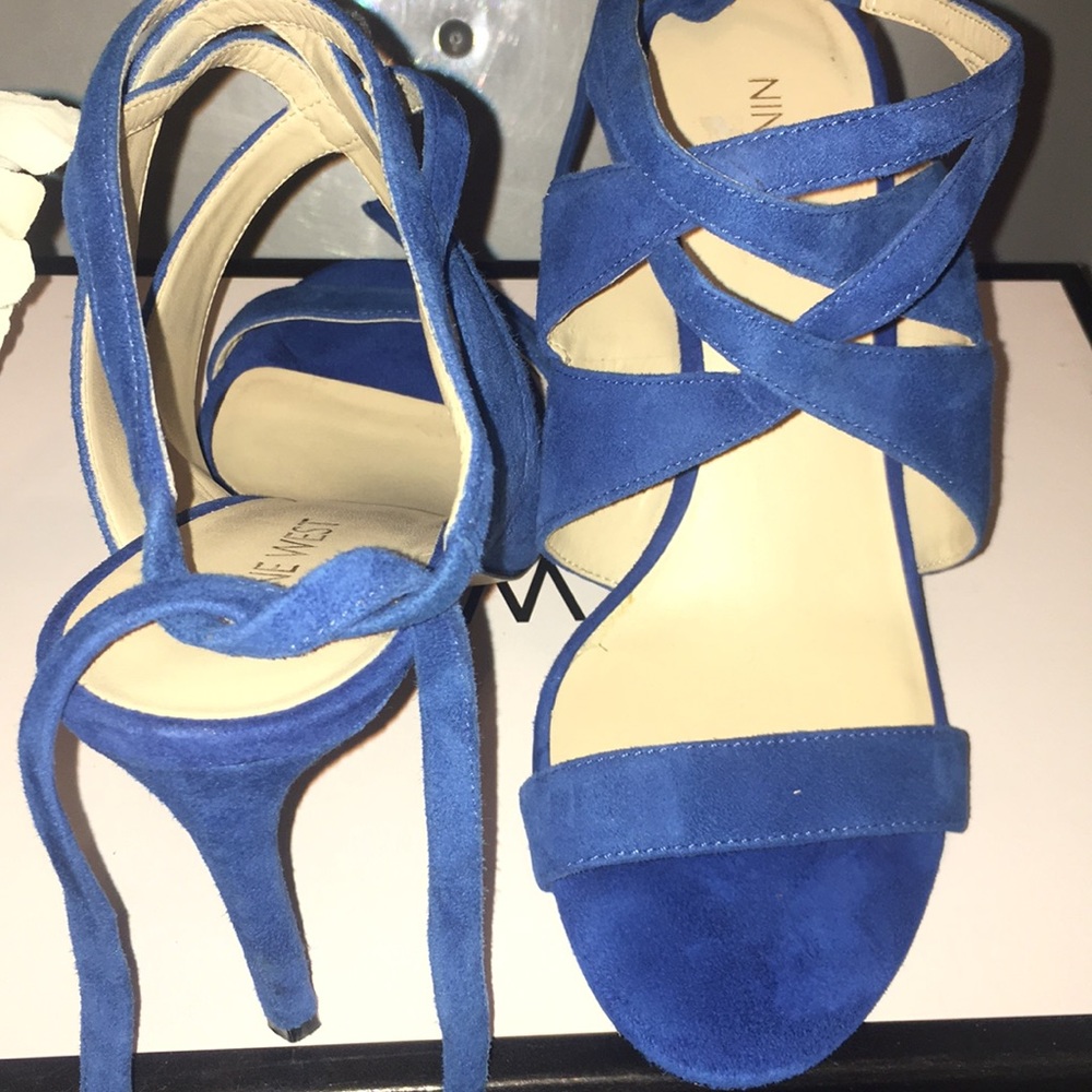 Nine West Blue-Suede Open Toe Ankle Wrap Sandals
